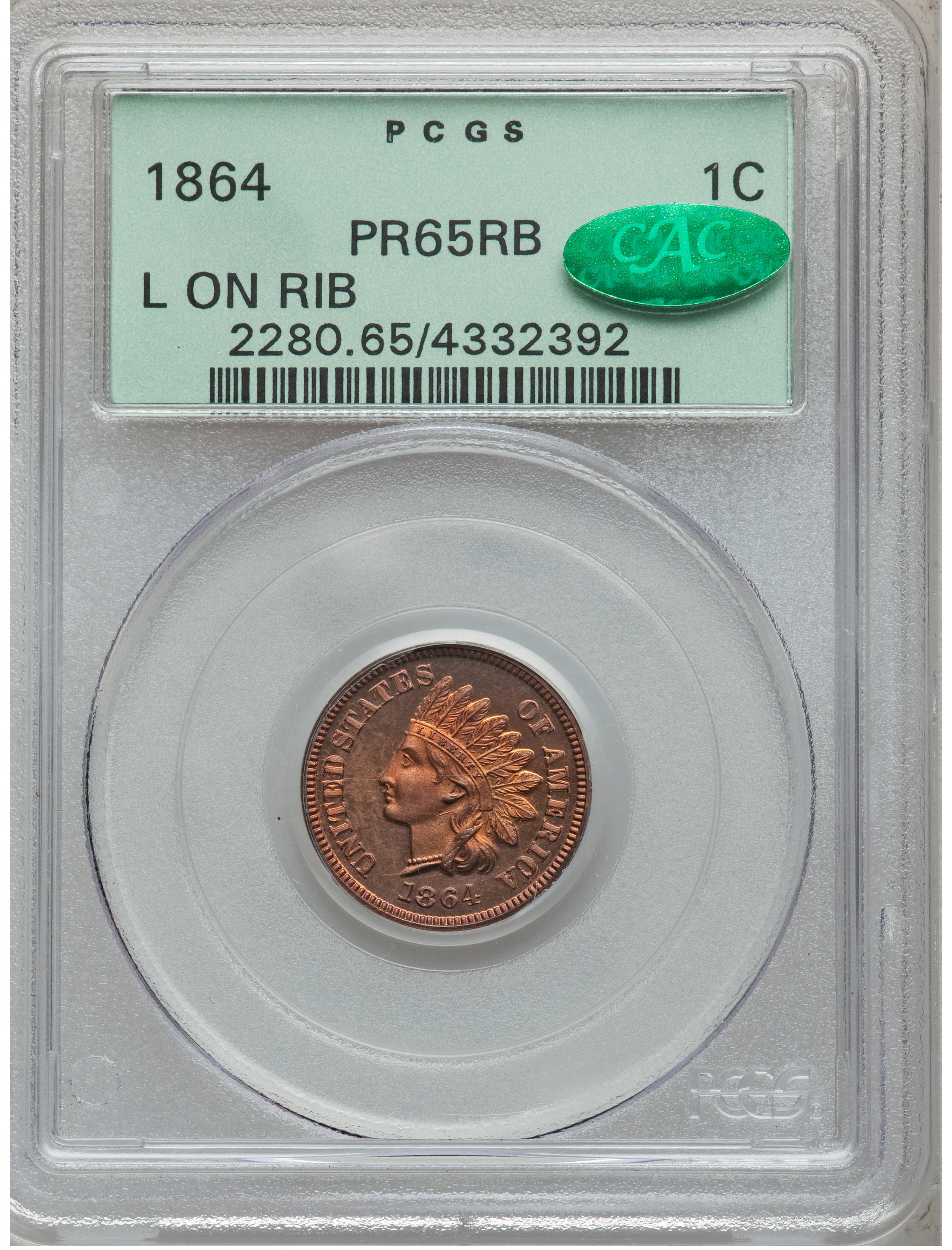1864 Indian Head Cent With L Proof PR65RB